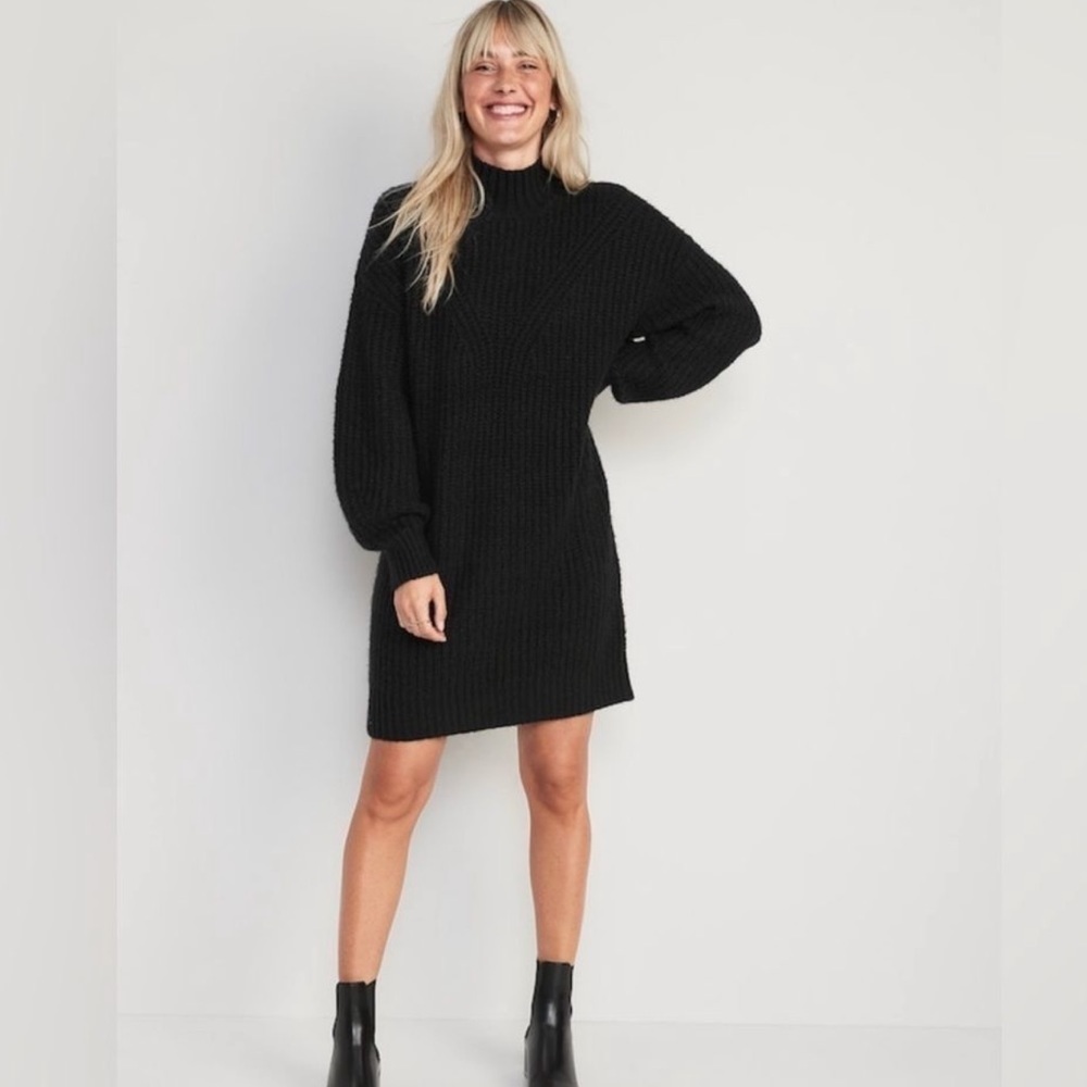NWOT! Black Long-Sleeve Mock-Neck Mini Sweater Shift Dress - Multiple - Picture 3 of 7